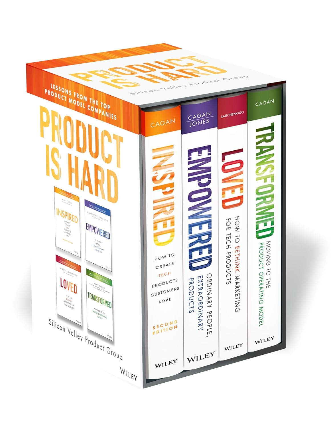 Coperta cărții "Product is Hard SVPG Box Set: Includes INSPIRED, EMPOWERED, LOVED, and TRANSFORMED" de autor necunoscut
