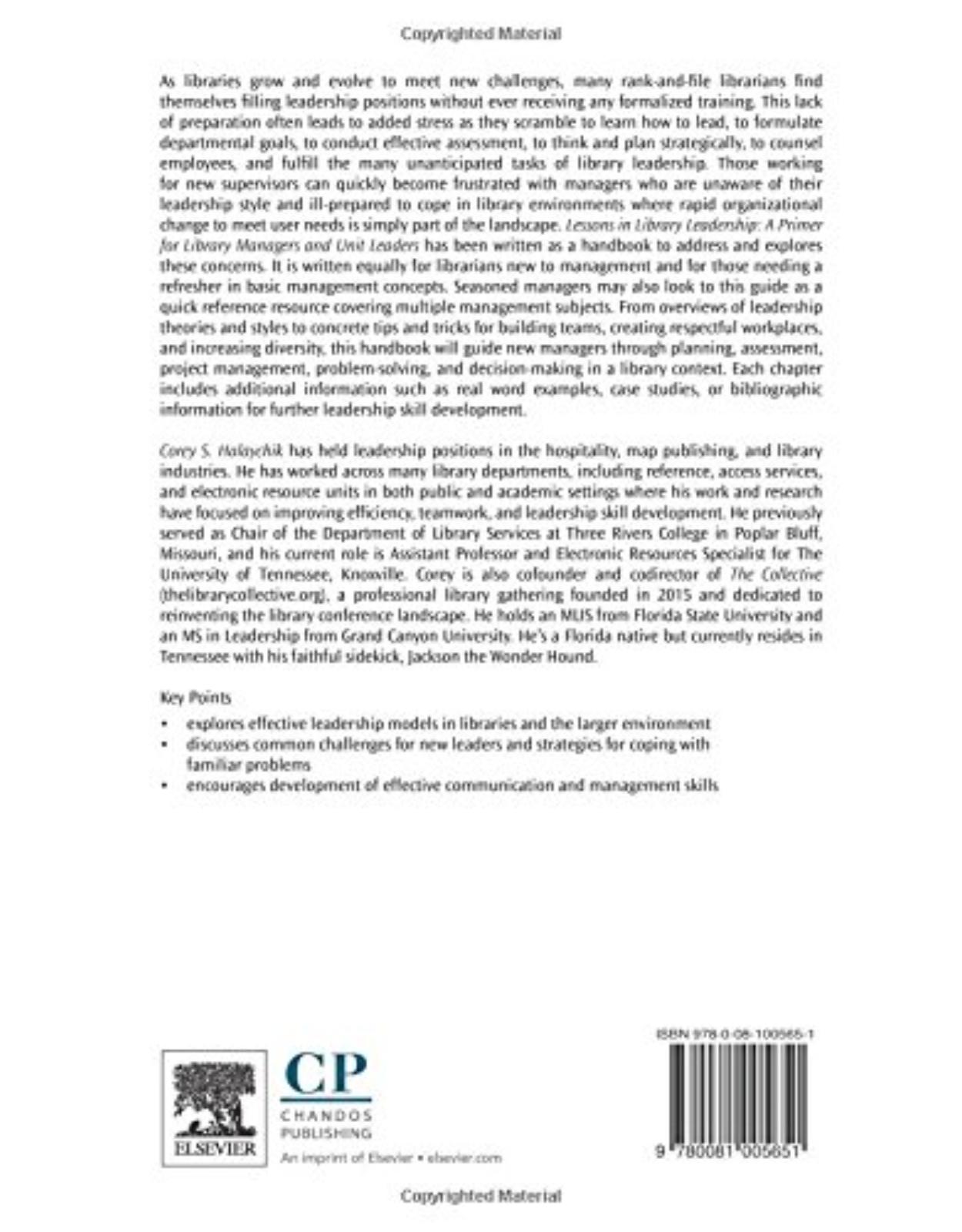 Lessons in Library Leadership    A Primer for Library Managers and Unit Leaders  